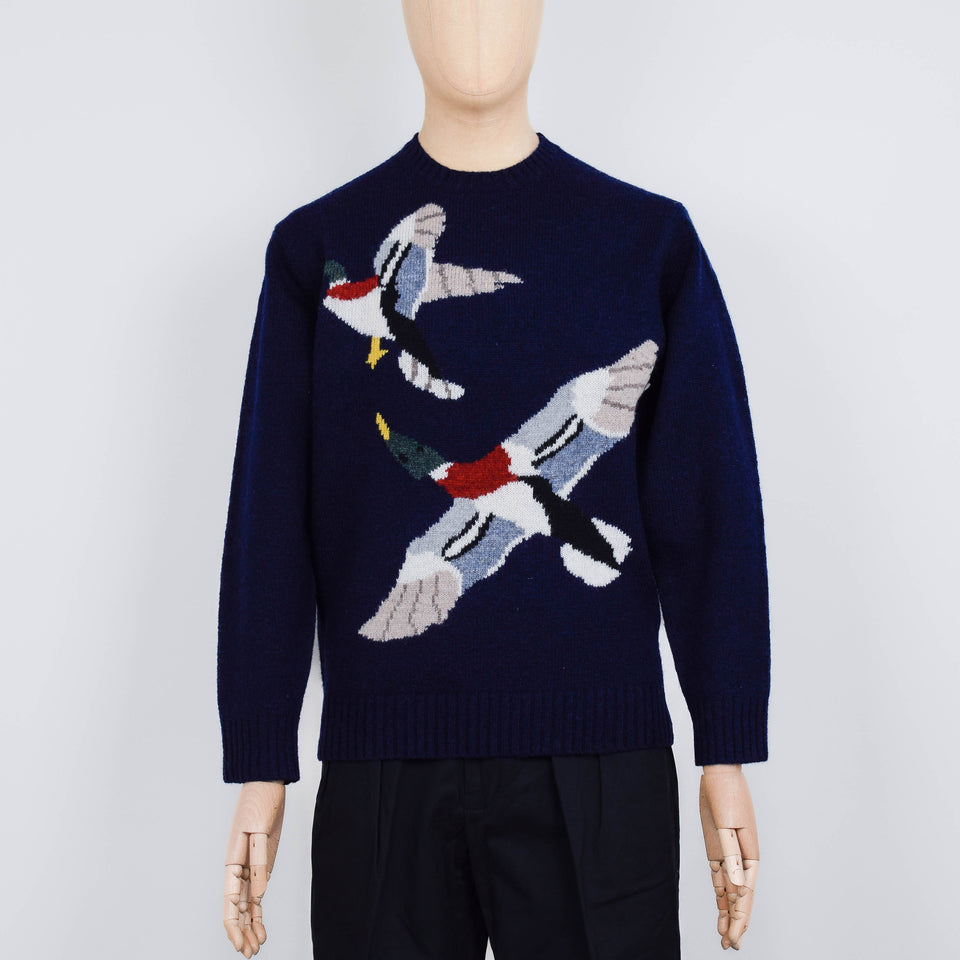 Beams Plus Crew Intarsia Duck Pattern - Navy