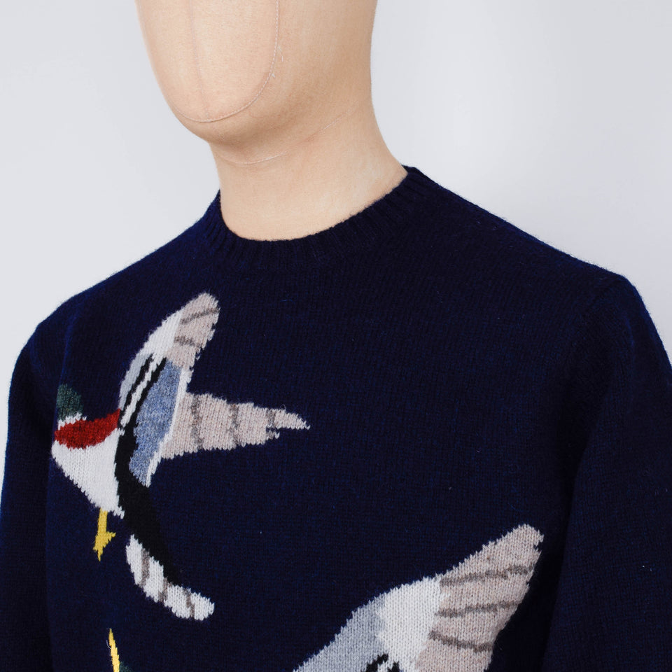 Beams Plus Crew Intarsia Duck Pattern - Navy