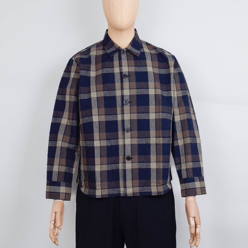 Universal Works Travail Overshirt Big Check - Navy / Brown