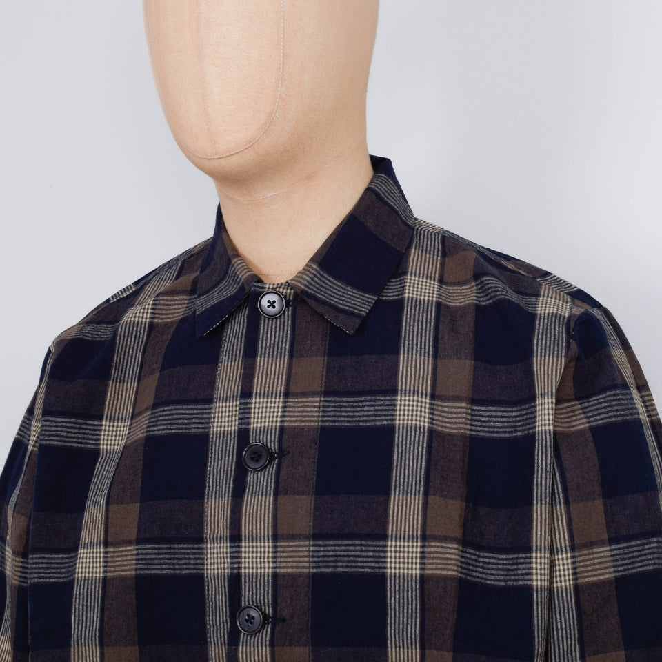 Universal Works Travail Overshirt Big Check - Navy / Brown