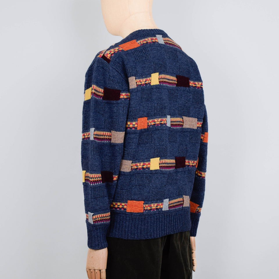 Beams Plus Crew Jacquard Fair Isle Stripe 5G - Navy