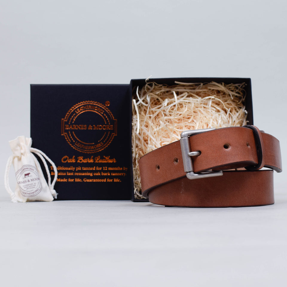 Barnes & Moore Roller Oak Bark Belt - Dark Stain / Nickel