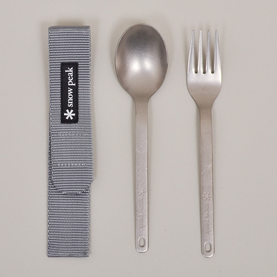 Snow Peak Titanium Fork & Spoon Set (Grey Sleeve)