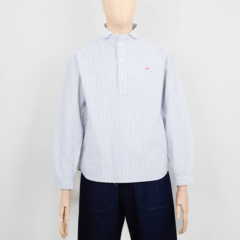 Danton Round Collar P.O Shirt L/S - Navy White Stripe