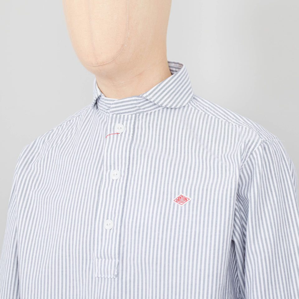 Danton Round Collar P.O Shirt L/S - Navy White Stripe
