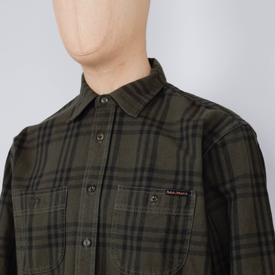 Nudie Jeans Julian Worker Plaid Check Shirt - Olive