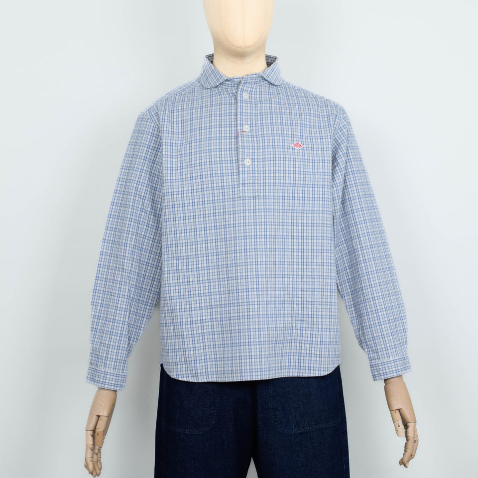 Danton Round Collar P.O Shirt L/S - Sax Ecru Check