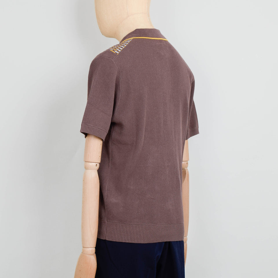 Beams Plus Knit Polo Front Stripe - Brown
