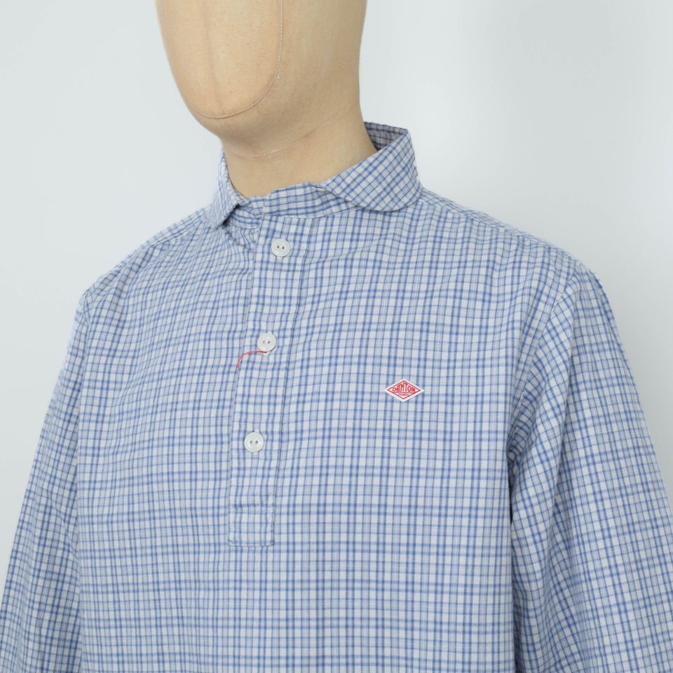 Danton Round Collar P.O Shirt L/S - Sax Ecru Check