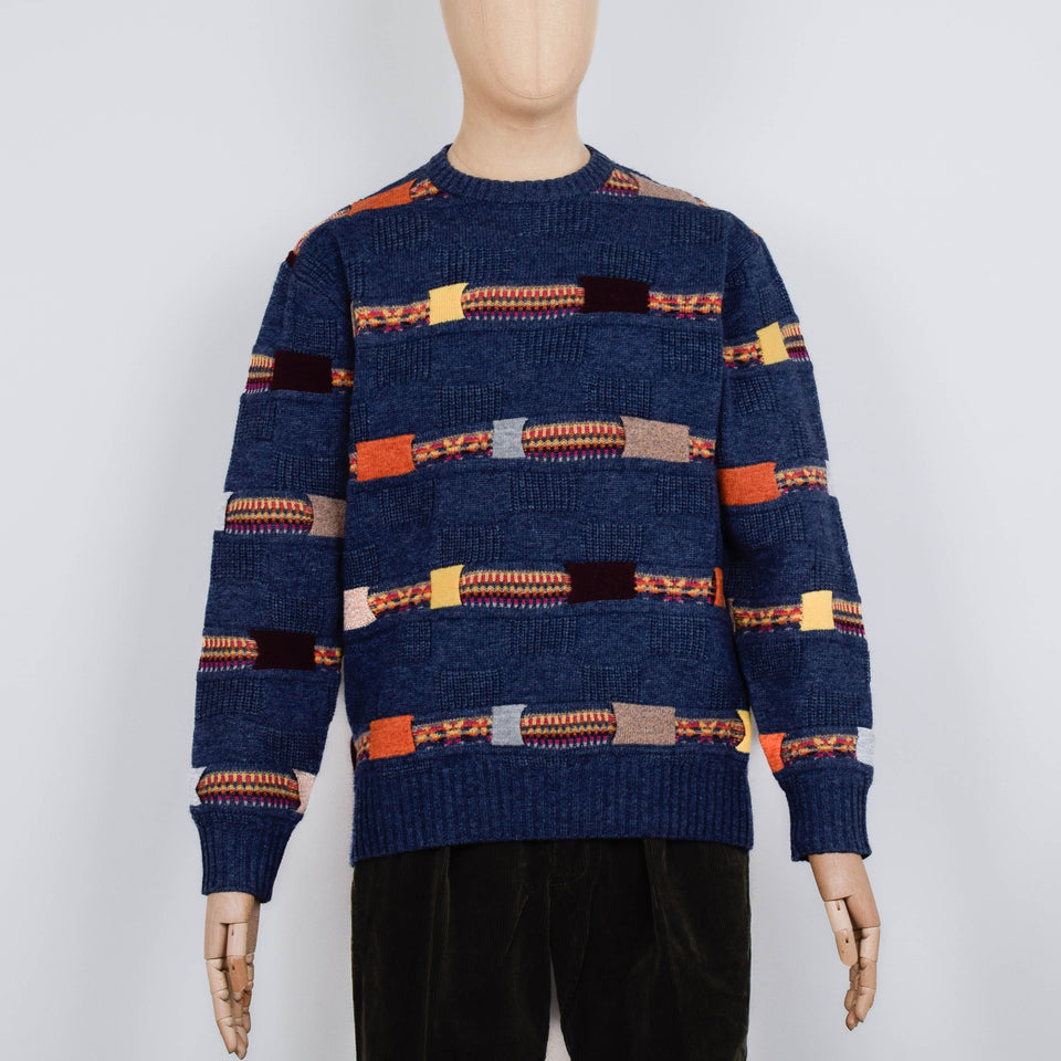 Beams Plus Crew Jacquard Fair Isle Stripe 5G - Navy