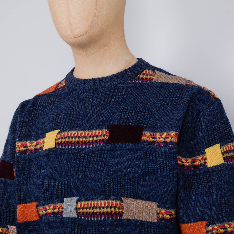 Beams Plus Crew Jacquard Fair Isle Stripe 5G - Navy