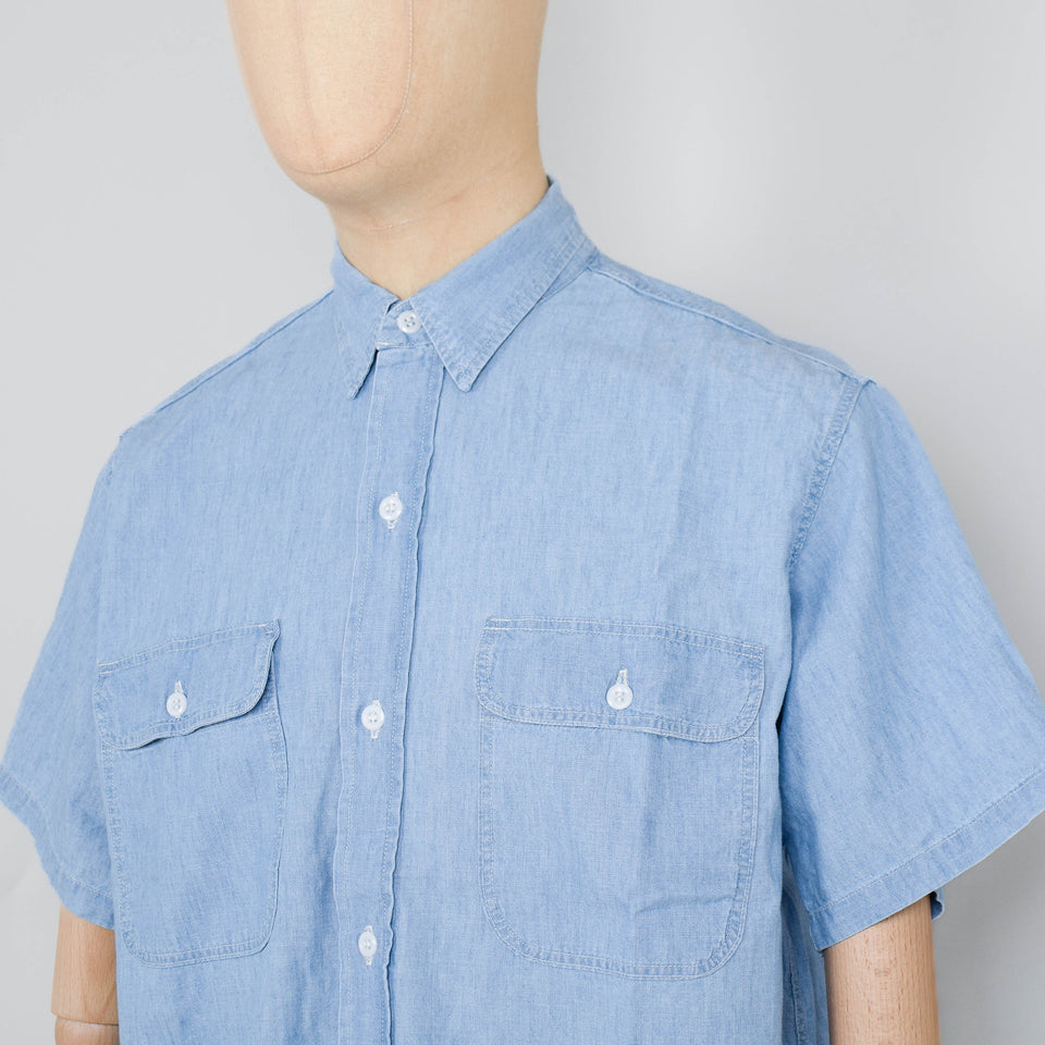 Orslow Short Sleeve Chambray Work Shirt With Flap Pocket - Chambray Bleached